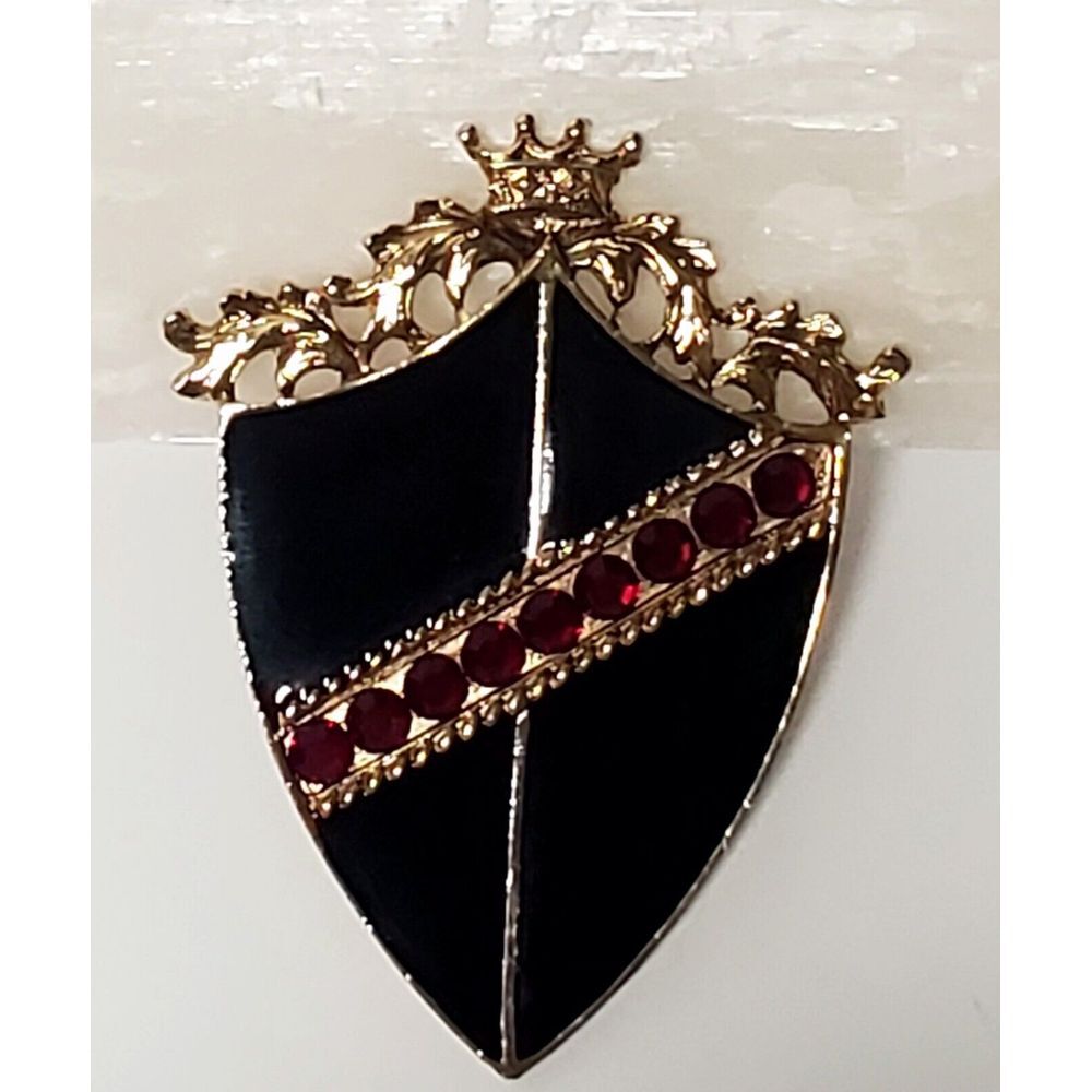 VTG Brooch 1950s Shield Crest & Crown Black Enamel w/ Gold Red Rhinestones Pin